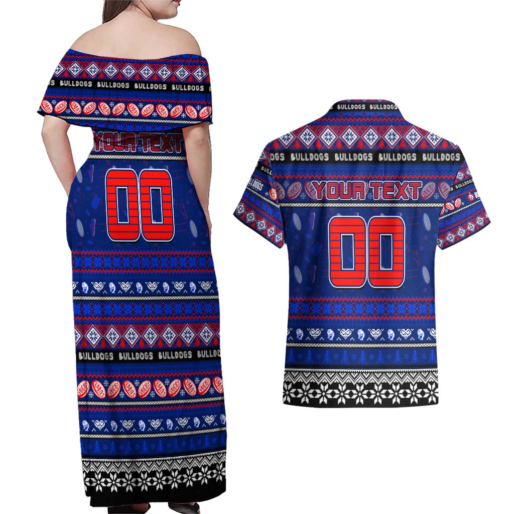 Personalized Bulldogs Rugby Xmas Couples Matching Off Shoulder Maxi Dress and Hawaiian Shirt Australia AFL Mascot