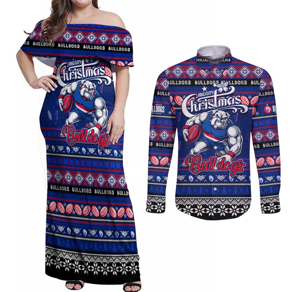 Personalized Bulldogs Rugby Xmas Couples Matching Off Shoulder Maxi Dress and Long Sleeve Button Shirt Australia AFL Mascot