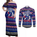 Personalized Bulldogs Rugby Xmas Couples Matching Off Shoulder Maxi Dress and Long Sleeve Button Shirt Australia AFL Mascot