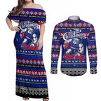 Personalized Bulldogs Rugby Xmas Couples Matching Off Shoulder Maxi Dress and Long Sleeve Button Shirt Australia AFL Mascot