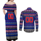 Personalized Bulldogs Rugby Xmas Couples Matching Off Shoulder Maxi Dress and Long Sleeve Button Shirt Australia AFL Mascot