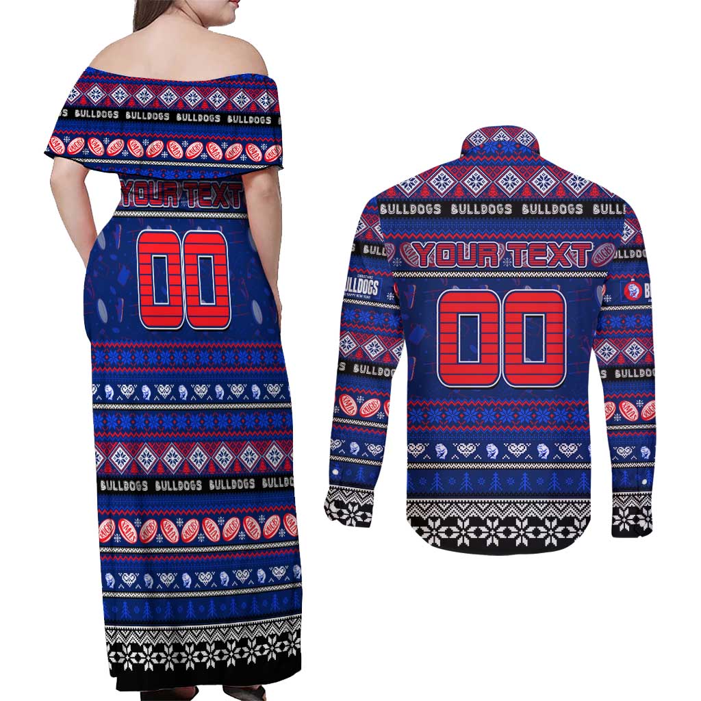 Personalized Bulldogs Rugby Xmas Couples Matching Off Shoulder Maxi Dress and Long Sleeve Button Shirt Australia AFL Mascot