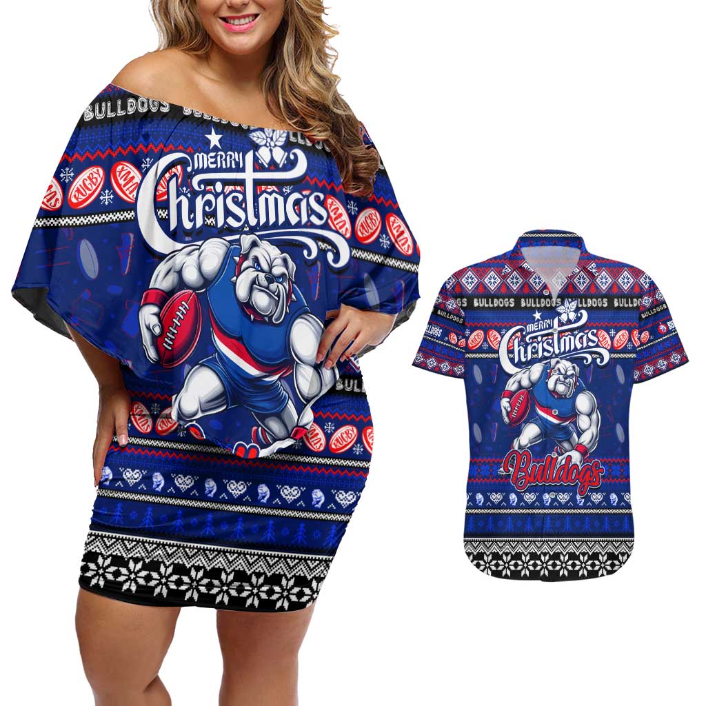 Personalized Bulldogs Rugby Xmas Couples Matching Off Shoulder Short Dress and Hawaiian Shirt Australia AFL Mascot