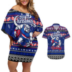Personalized Bulldogs Rugby Xmas Couples Matching Off Shoulder Short Dress and Hawaiian Shirt Australia AFL Mascot