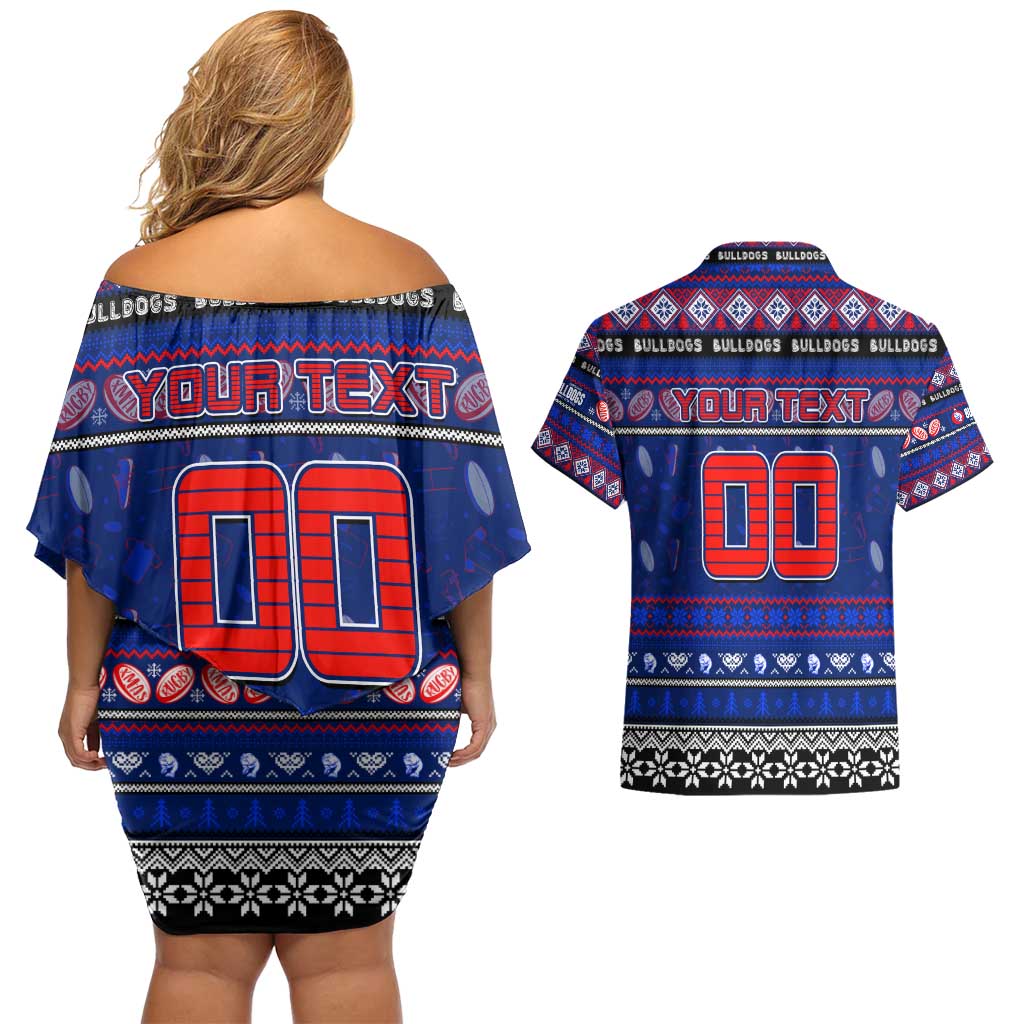 Personalized Bulldogs Rugby Xmas Couples Matching Off Shoulder Short Dress and Hawaiian Shirt Australia AFL Mascot