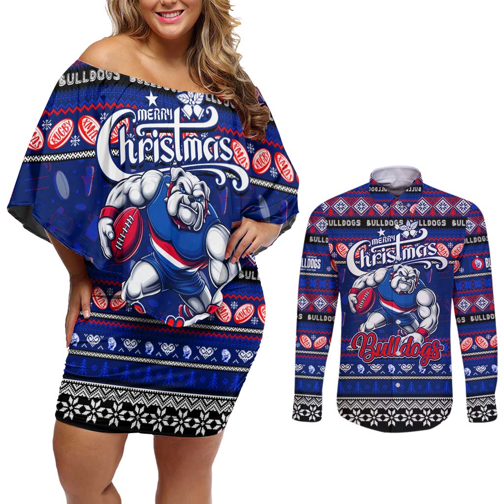 Personalized Bulldogs Rugby Xmas Couples Matching Off Shoulder Short Dress and Long Sleeve Button Shirt Australia AFL Mascot