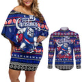 Personalized Bulldogs Rugby Xmas Couples Matching Off Shoulder Short Dress and Long Sleeve Button Shirt Australia AFL Mascot