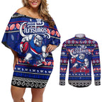 Personalized Bulldogs Rugby Xmas Couples Matching Off Shoulder Short Dress and Long Sleeve Button Shirt Australia AFL Mascot