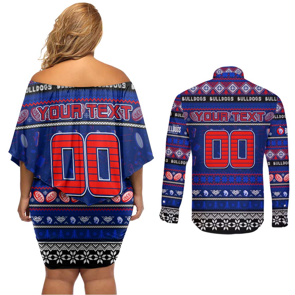 Personalized Bulldogs Rugby Xmas Couples Matching Off Shoulder Short Dress and Long Sleeve Button Shirt Australia AFL Mascot