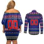 Personalized Bulldogs Rugby Xmas Couples Matching Off Shoulder Short Dress and Long Sleeve Button Shirt Australia AFL Mascot