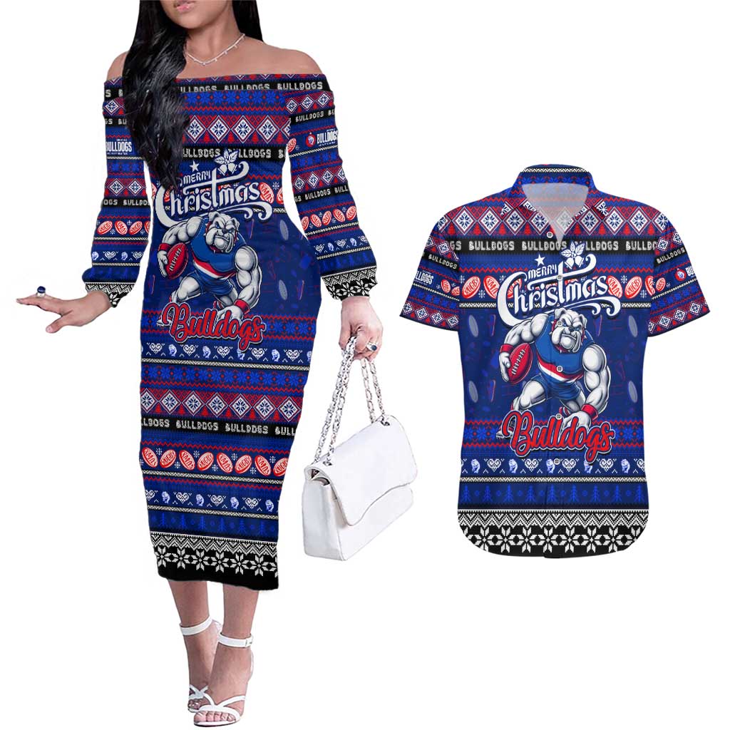 Personalized Bulldogs Rugby Xmas Couples Matching Off The Shoulder Long Sleeve Dress and Hawaiian Shirt Australia AFL Mascot