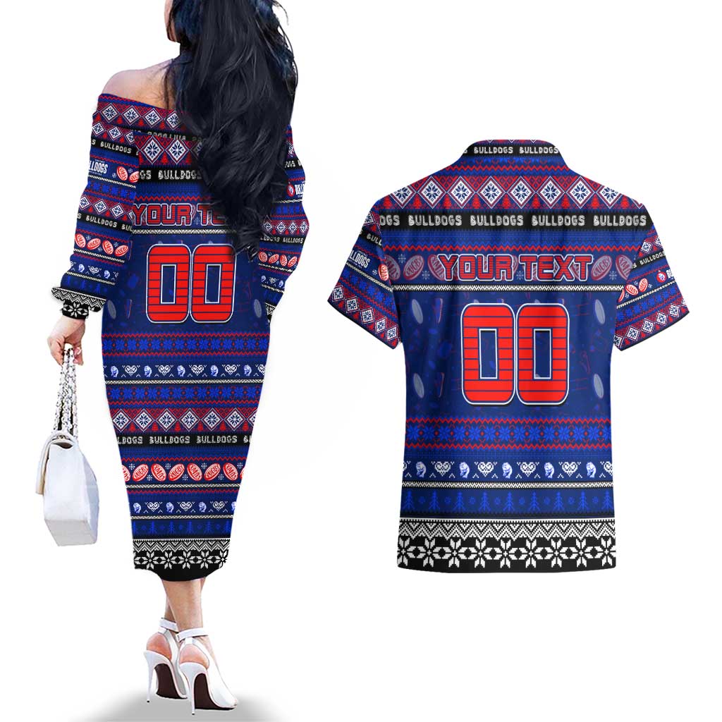 Personalized Bulldogs Rugby Xmas Couples Matching Off The Shoulder Long Sleeve Dress and Hawaiian Shirt Australia AFL Mascot