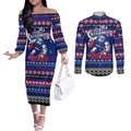 Personalized Bulldogs Rugby Xmas Couples Matching Off The Shoulder Long Sleeve Dress and Long Sleeve Button Shirt Australia AFL Mascot