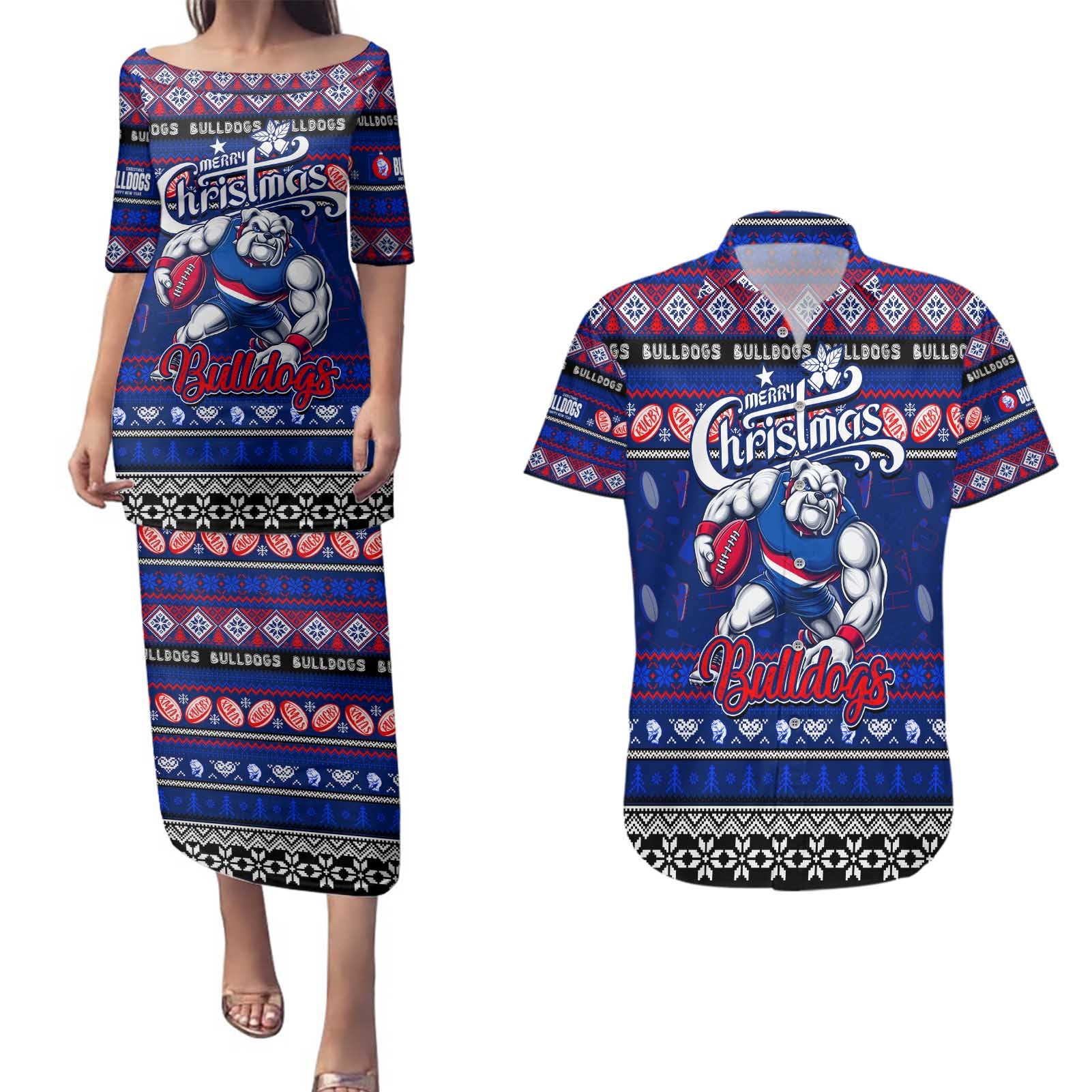 Personalized Bulldogs Rugby Xmas Couples Matching Puletasi and Hawaiian Shirt Australia AFL Mascot