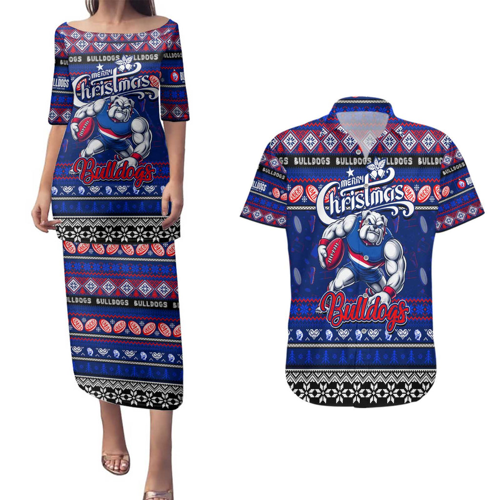 Personalized Bulldogs Rugby Xmas Couples Matching Puletasi and Hawaiian Shirt Australia AFL Mascot