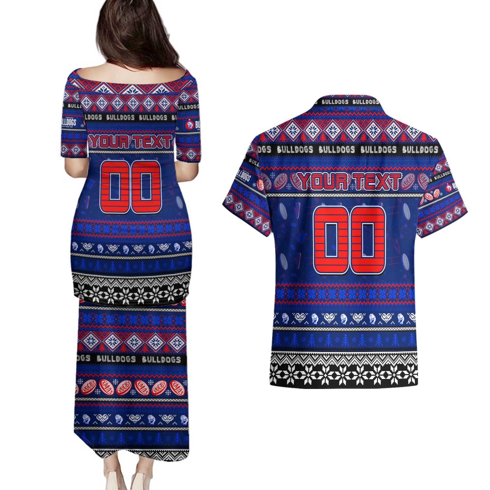 Personalized Bulldogs Rugby Xmas Couples Matching Puletasi and Hawaiian Shirt Australia AFL Mascot
