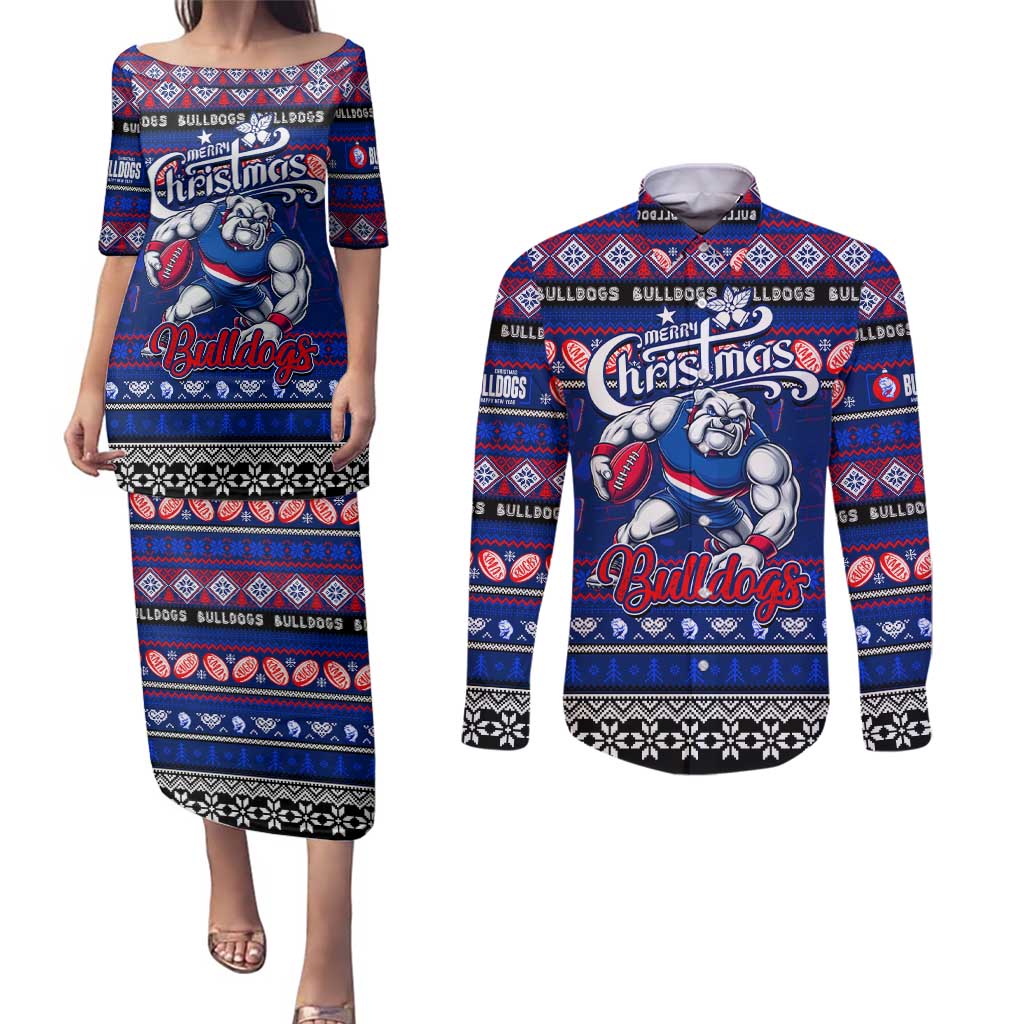 Personalized Bulldogs Rugby Xmas Couples Matching Puletasi and Long Sleeve Button Shirt Australia AFL Mascot