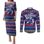 Personalized Bulldogs Rugby Xmas Couples Matching Puletasi and Long Sleeve Button Shirt Australia AFL Mascot