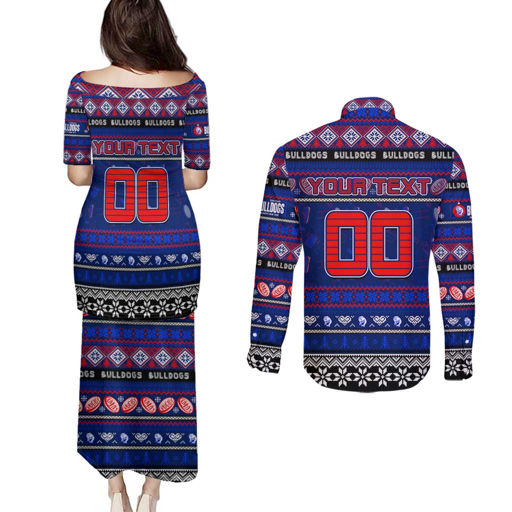 Personalized Bulldogs Rugby Xmas Couples Matching Puletasi and Long Sleeve Button Shirt Australia AFL Mascot