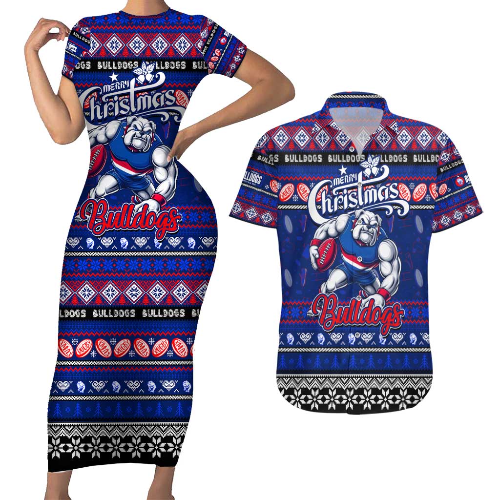 Personalized Bulldogs Rugby Xmas Couples Matching Short Sleeve Bodycon Dress and Hawaiian Shirt Australia AFL Mascot