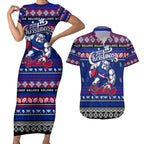 Personalized Bulldogs Rugby Xmas Couples Matching Short Sleeve Bodycon Dress and Hawaiian Shirt Australia AFL Mascot