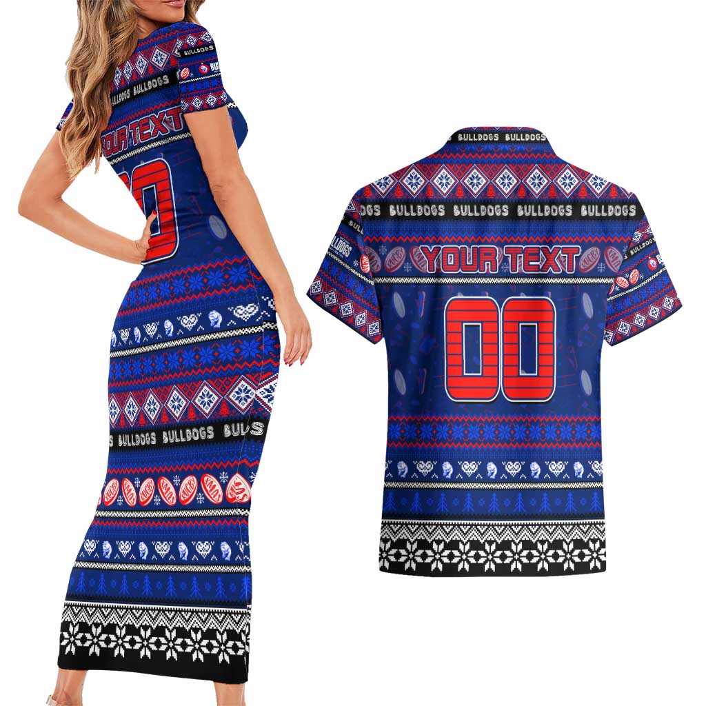 Personalized Bulldogs Rugby Xmas Couples Matching Short Sleeve Bodycon Dress and Hawaiian Shirt Australia AFL Mascot