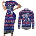 Personalized Bulldogs Rugby Xmas Couples Matching Short Sleeve Bodycon Dress and Long Sleeve Button Shirt Australia AFL Mascot