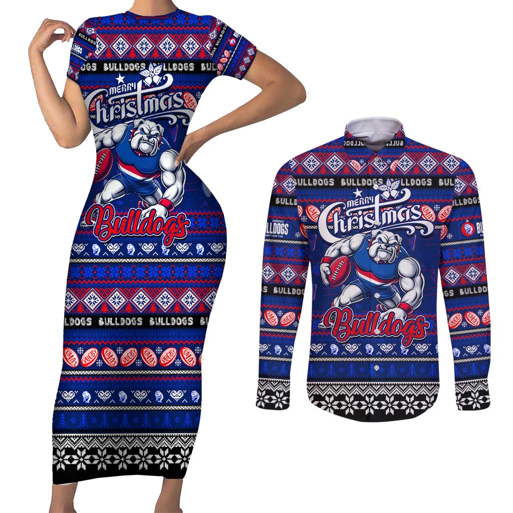 Personalized Bulldogs Rugby Xmas Couples Matching Short Sleeve Bodycon Dress and Long Sleeve Button Shirt Australia AFL Mascot