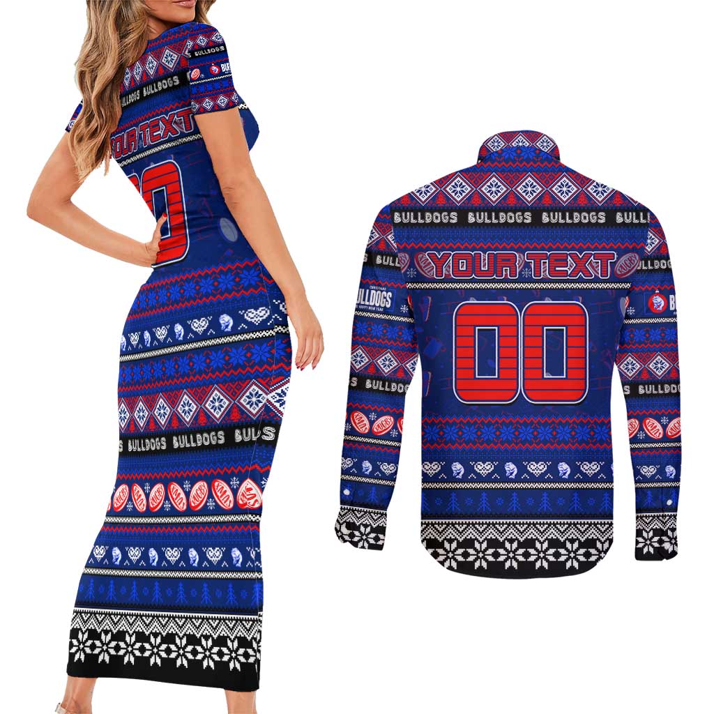 Personalized Bulldogs Rugby Xmas Couples Matching Short Sleeve Bodycon Dress and Long Sleeve Button Shirt Australia AFL Mascot