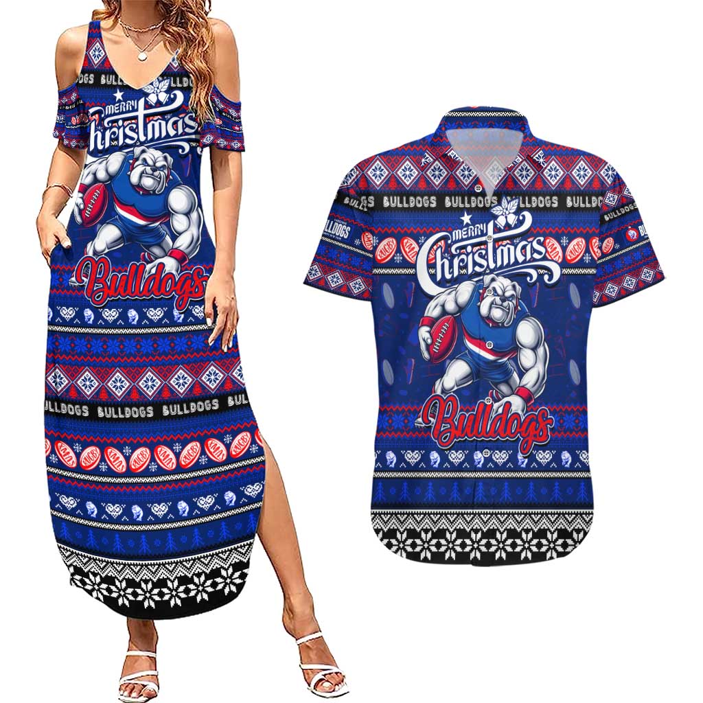 Personalized Bulldogs Rugby Xmas Couples Matching Summer Maxi Dress and Hawaiian Shirt Australia AFL Mascot
