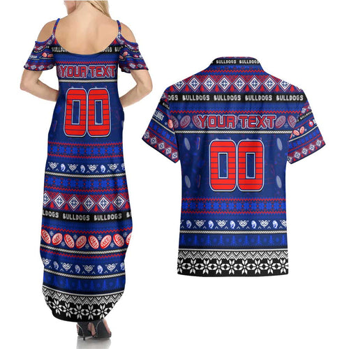 Personalized Bulldogs Rugby Xmas Couples Matching Summer Maxi Dress and Hawaiian Shirt Australia AFL Mascot