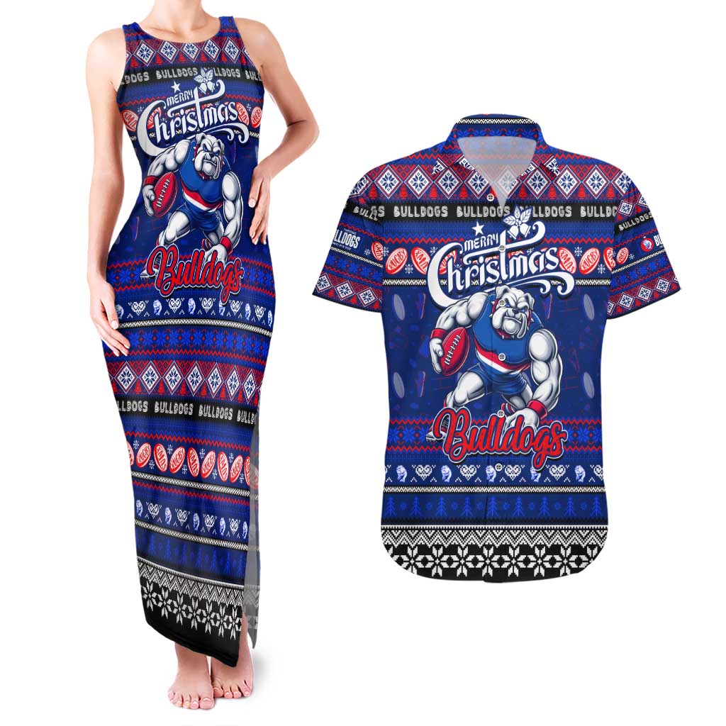 Personalized Bulldogs Rugby Xmas Couples Matching Tank Maxi Dress and Hawaiian Shirt Australia AFL Mascot