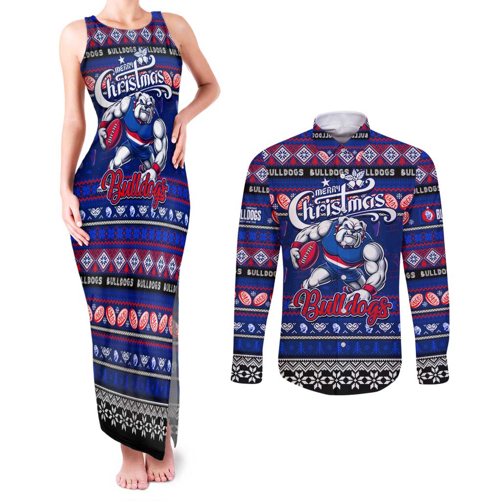Personalized Bulldogs Rugby Xmas Couples Matching Tank Maxi Dress and Long Sleeve Button Shirt Australia AFL Mascot