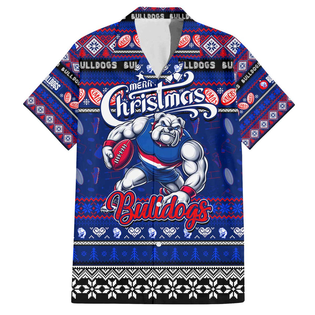 Personalized Bulldogs Rugby Xmas Family Matching Off The Shoulder Long Sleeve Dress and Hawaiian Shirt Australia AFL Mascot
