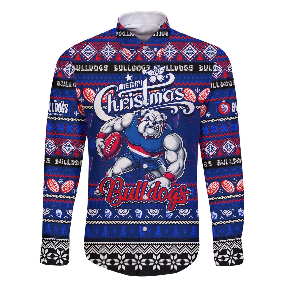 Personalized Bulldogs Rugby Xmas Family Matching Off The Shoulder Long Sleeve Dress and Hawaiian Shirt Australia AFL Mascot