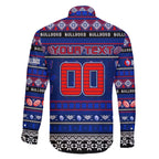 Personalized Bulldogs Rugby Xmas Family Matching Off The Shoulder Long Sleeve Dress and Hawaiian Shirt Australia AFL Mascot