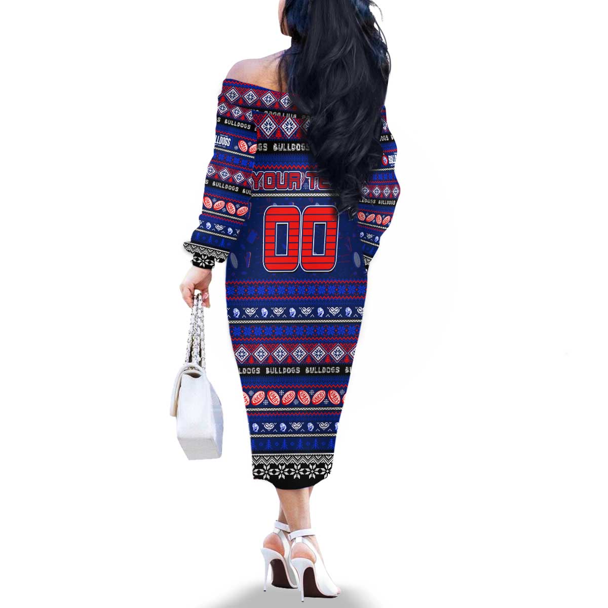 Personalized Bulldogs Rugby Xmas Family Matching Off The Shoulder Long Sleeve Dress and Hawaiian Shirt Australia AFL Mascot