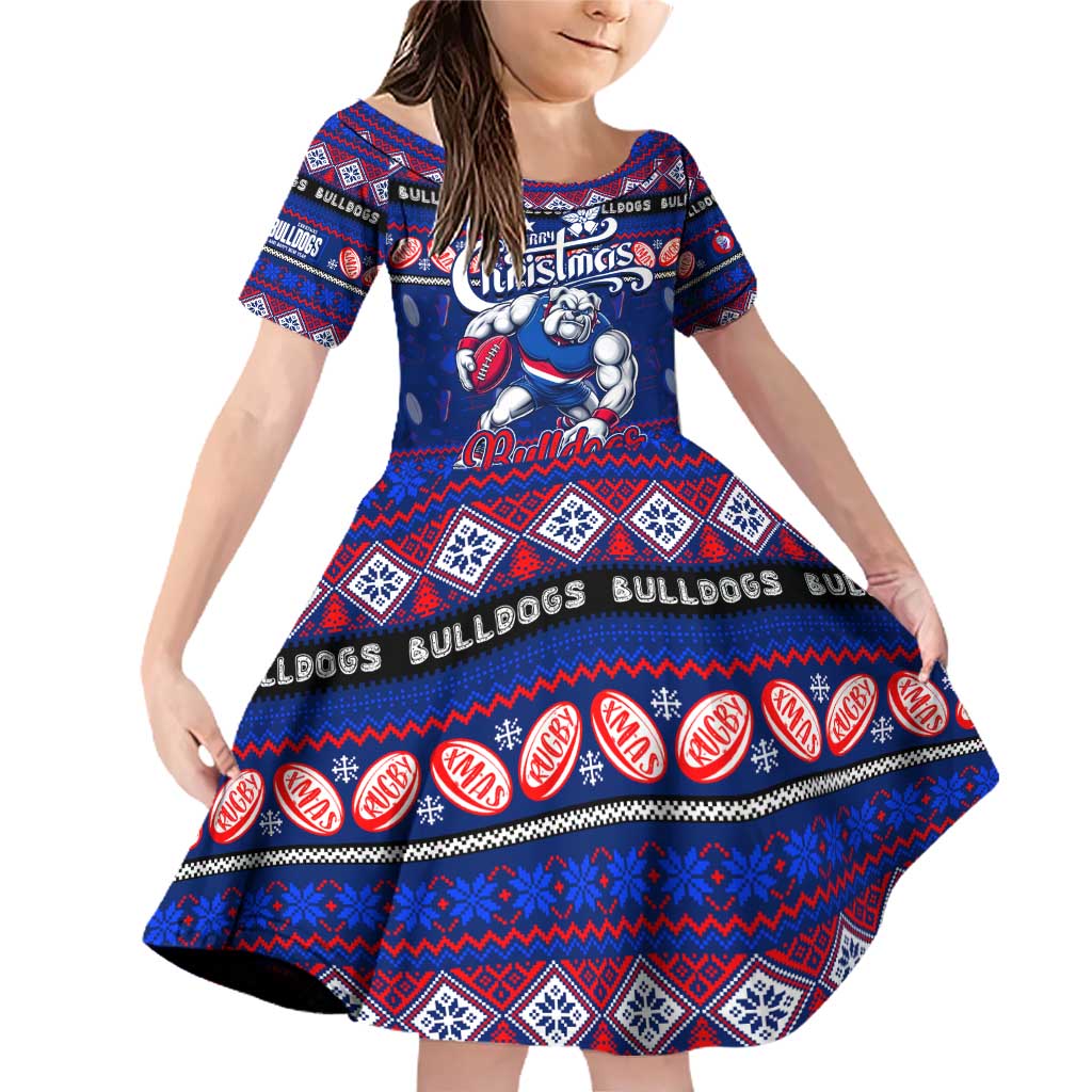 Personalized Bulldogs Rugby Xmas Family Matching Off Shoulder Short Dress and Hawaiian Shirt Australia AFL Mascot