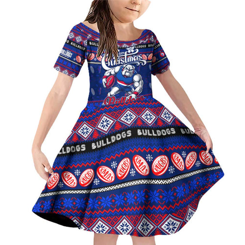 Personalized Bulldogs Rugby Xmas Family Matching Off Shoulder Short Dress and Hawaiian Shirt Australia AFL Mascot