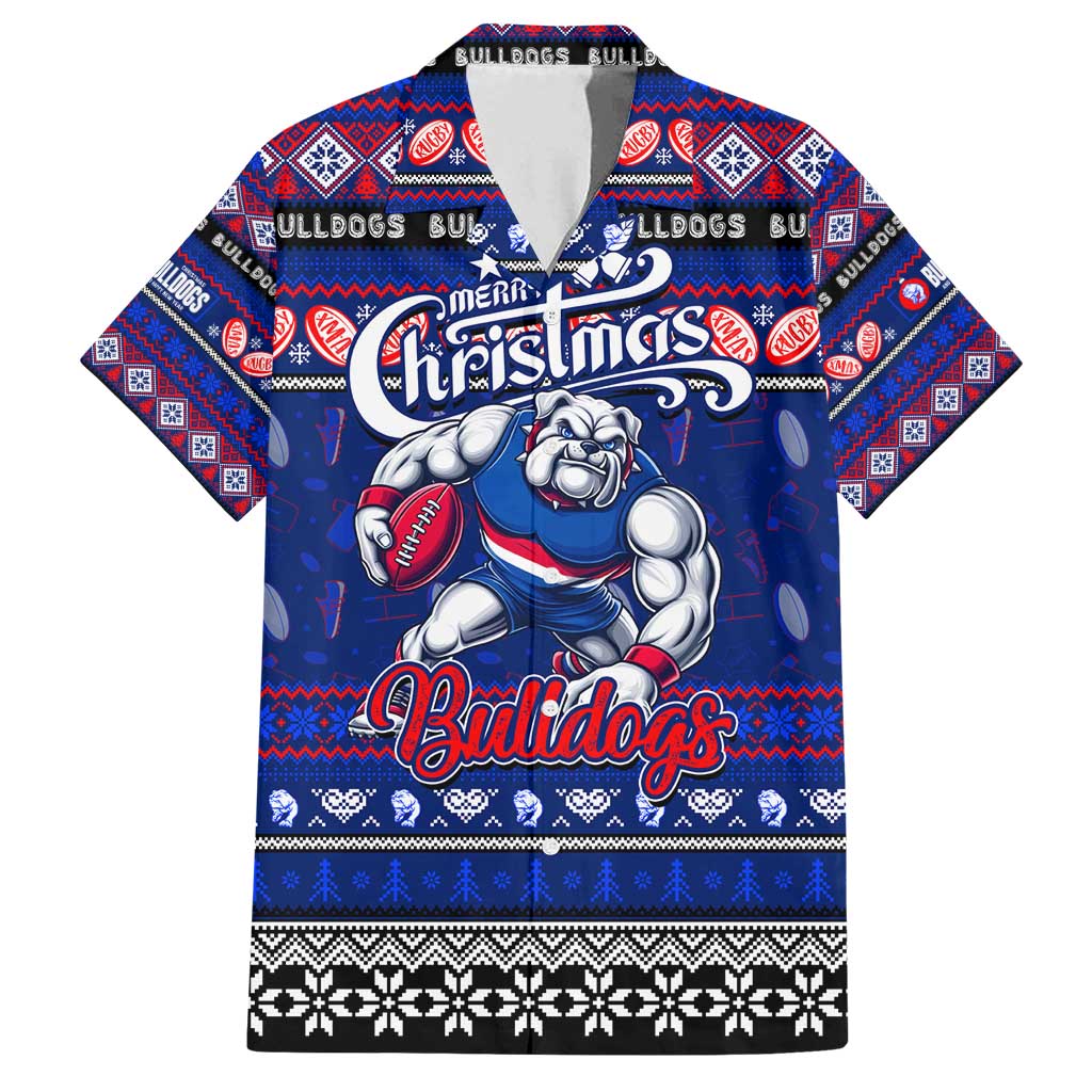 Personalized Bulldogs Rugby Xmas Family Matching Off Shoulder Short Dress and Hawaiian Shirt Australia AFL Mascot