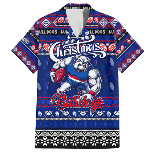 Personalized Bulldogs Rugby Xmas Family Matching Off Shoulder Short Dress and Hawaiian Shirt Australia AFL Mascot