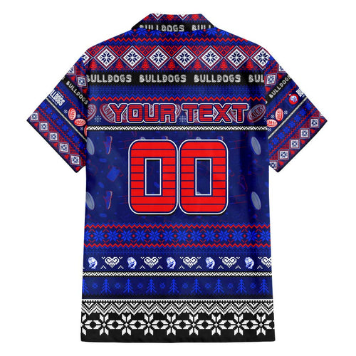 Personalized Bulldogs Rugby Xmas Family Matching Off Shoulder Short Dress and Hawaiian Shirt Australia AFL Mascot