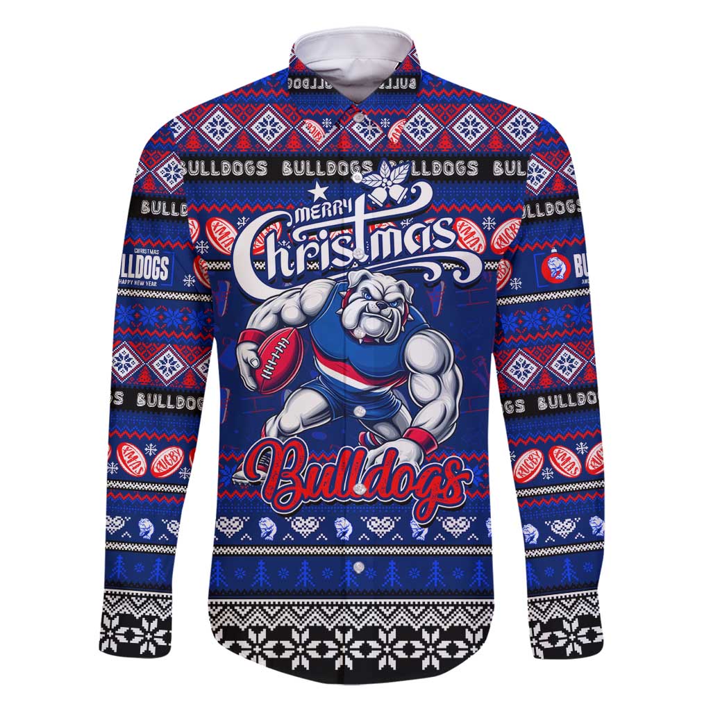 Personalized Bulldogs Rugby Xmas Family Matching Off Shoulder Short Dress and Hawaiian Shirt Australia AFL Mascot