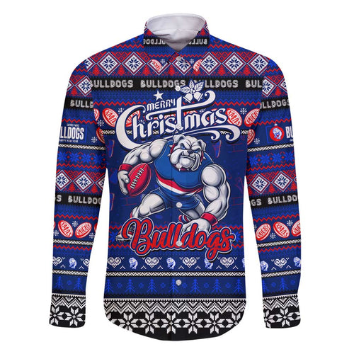 Personalized Bulldogs Rugby Xmas Family Matching Off Shoulder Short Dress and Hawaiian Shirt Australia AFL Mascot