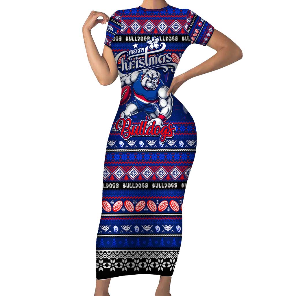 Personalized Bulldogs Rugby Xmas Family Matching Short Sleeve Bodycon Dress and Hawaiian Shirt Australia AFL Mascot