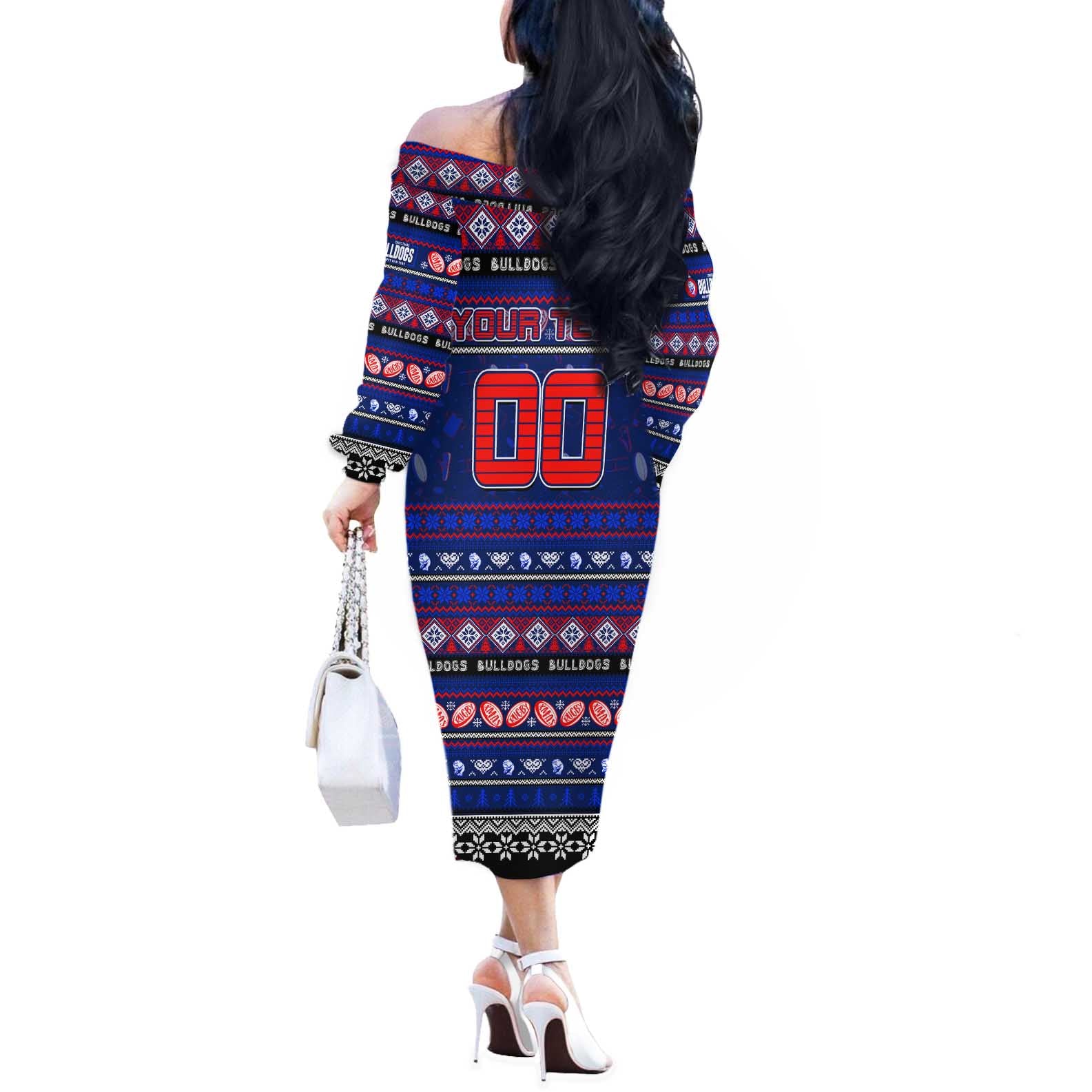 Personalized Bulldogs Rugby Xmas Off The Shoulder Long Sleeve Dress Australia AFL Mascot