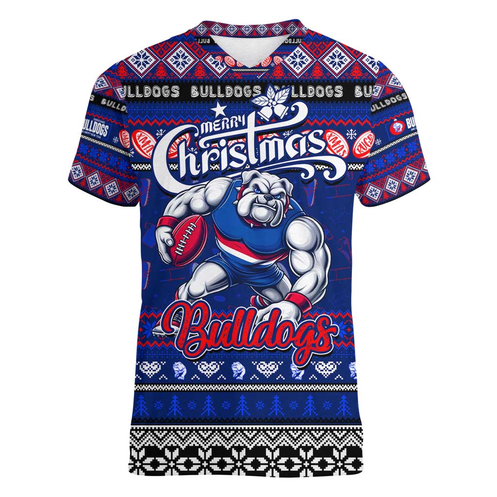 Personalized Bulldogs Rugby Xmas Women V-Neck T-Shirt Australia AFL Mascot