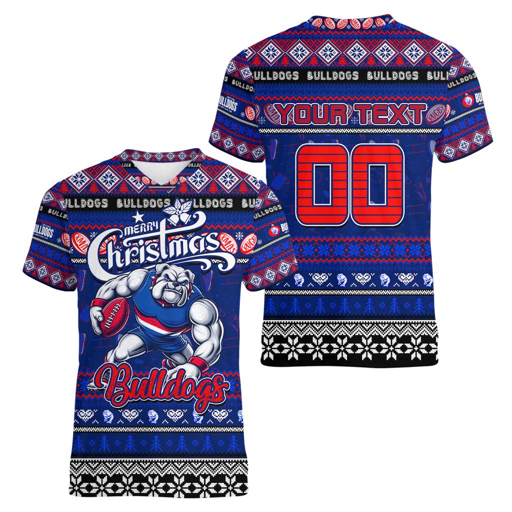 Personalized Bulldogs Rugby Xmas Women V-Neck T-Shirt Australia AFL Mascot
