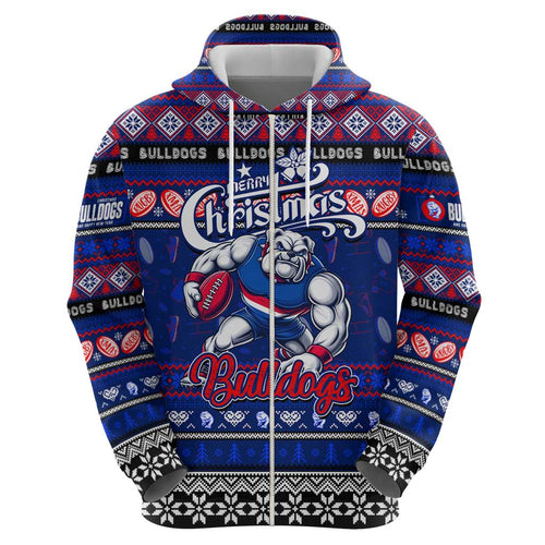 Personalized Bulldogs Rugby Xmas Zip Hoodie Australia AFL Mascot