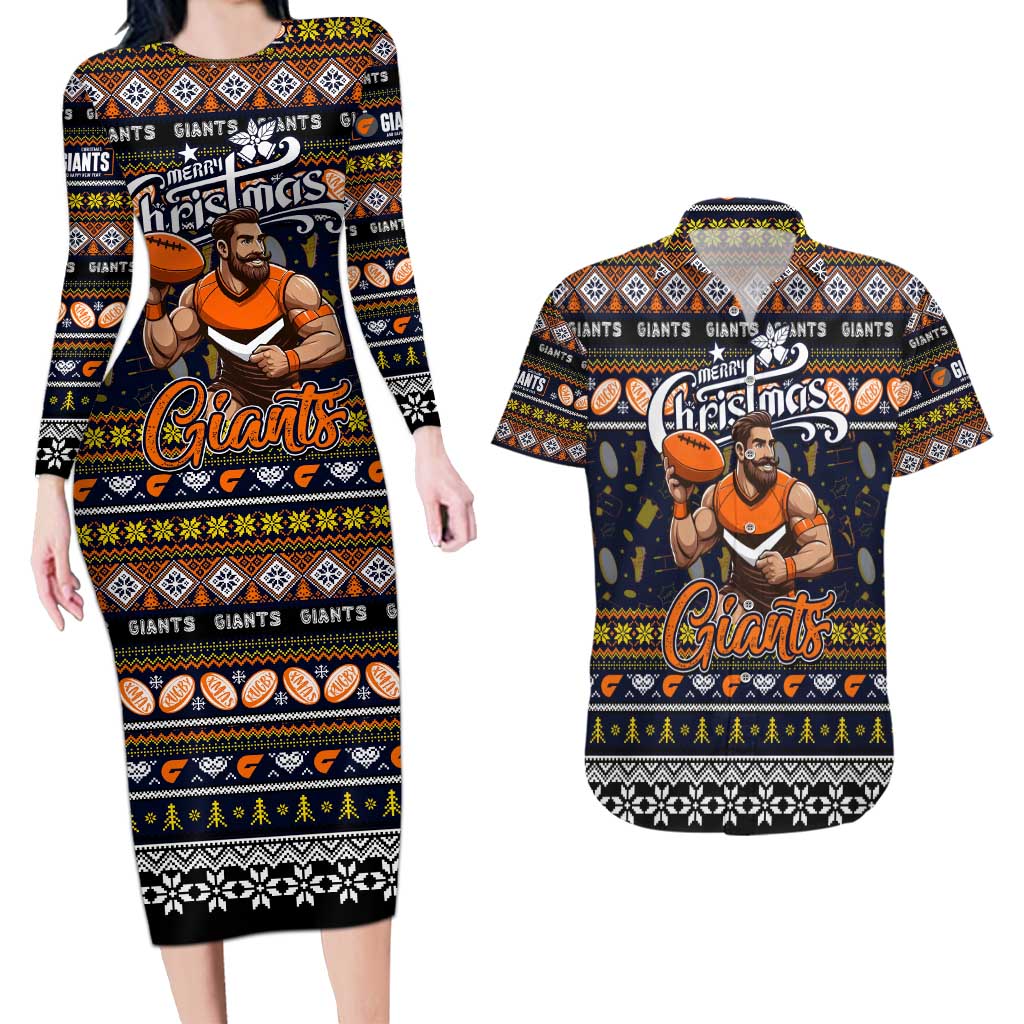 Personalized Giants Rugby Xmas Couples Matching Long Sleeve Bodycon Dress and Hawaiian Shirt Australia AFL Mascot